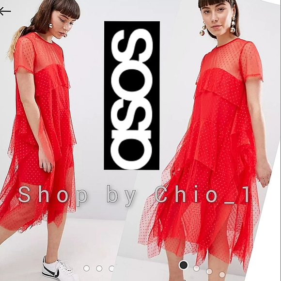 ASOS Dresses & Skirts - ASOS Dobby Mesh Midi Tshirt Dress withLayered Ruffles red color